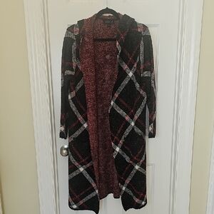 Joseph A Black, Burgundy & White Plaid Hooded Open Cardigan